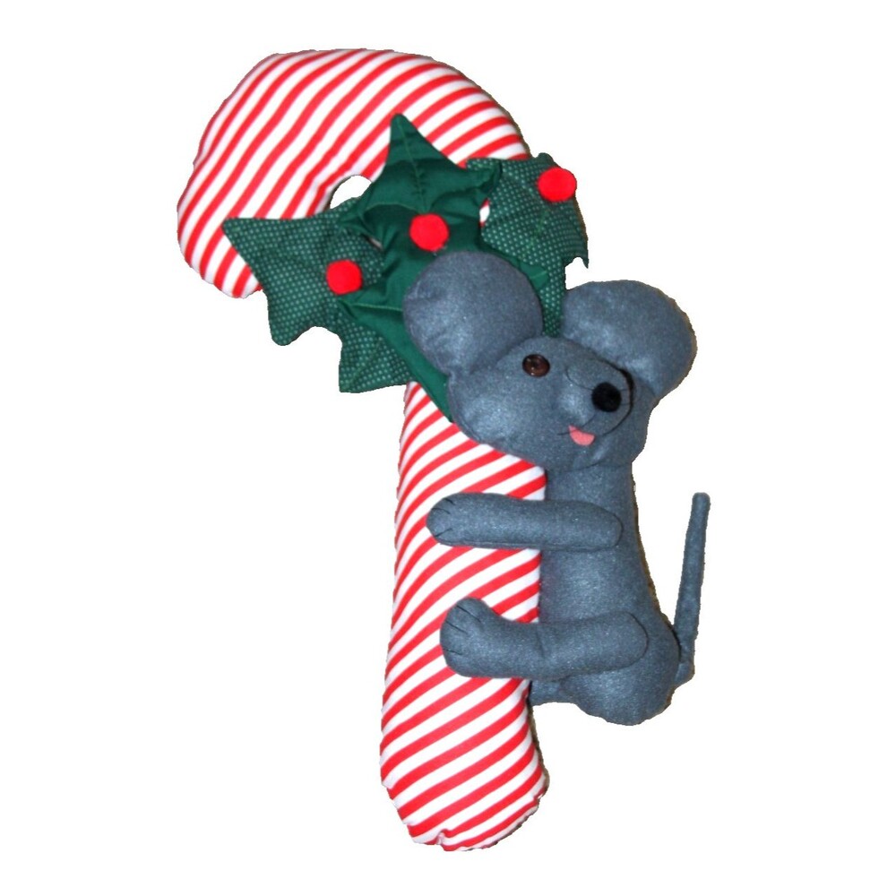 Vintage Holly Christmas Door Hanger Plush Candy Cane Mouse Decoration 19"